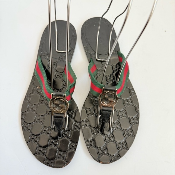 Gucci Black Lifford GG web Thong Fabric leather sandals EU 39 US 9 - Picture 1 of 10